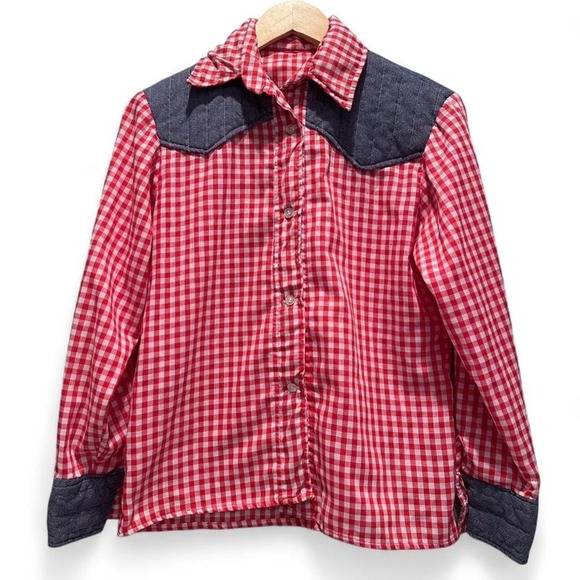 Handmade Red Plaid Button Down Western Shirt Denim Accents Size Small - Picture 1 of 5
